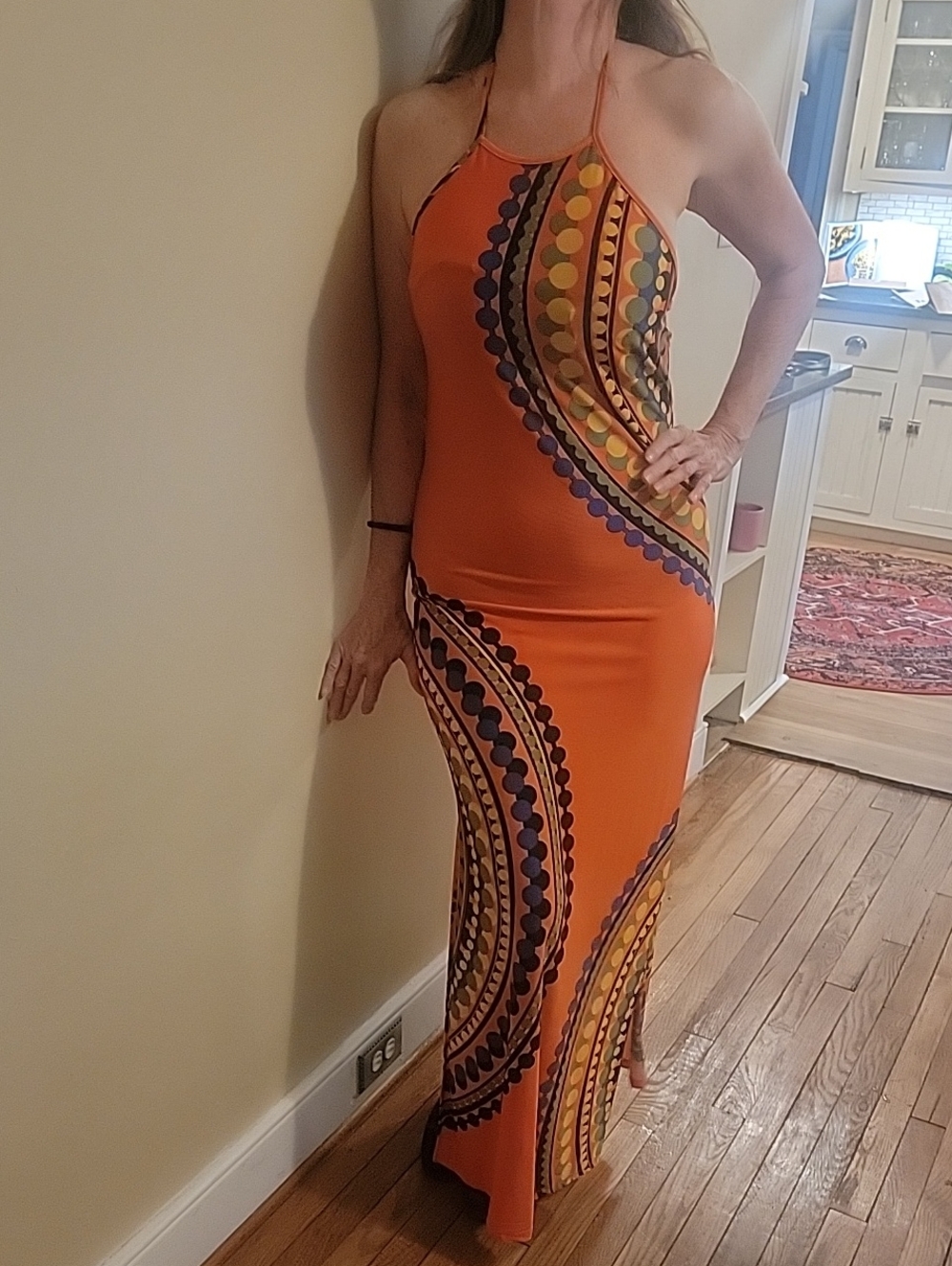 VENUS Orange Halter Maxi Dress with Multicolor Geometric Motif